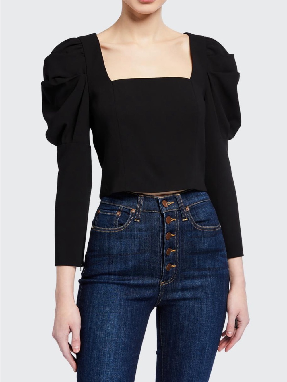 Alice + Olivia Rach Black Square-Neck Puff Sleeve Crop Top